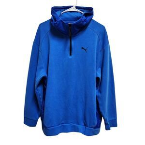 Puma Hooded Sweatshirt Mens Sz L Blue 1/4 Zip Long Slv Hoodie Pockets Pullover